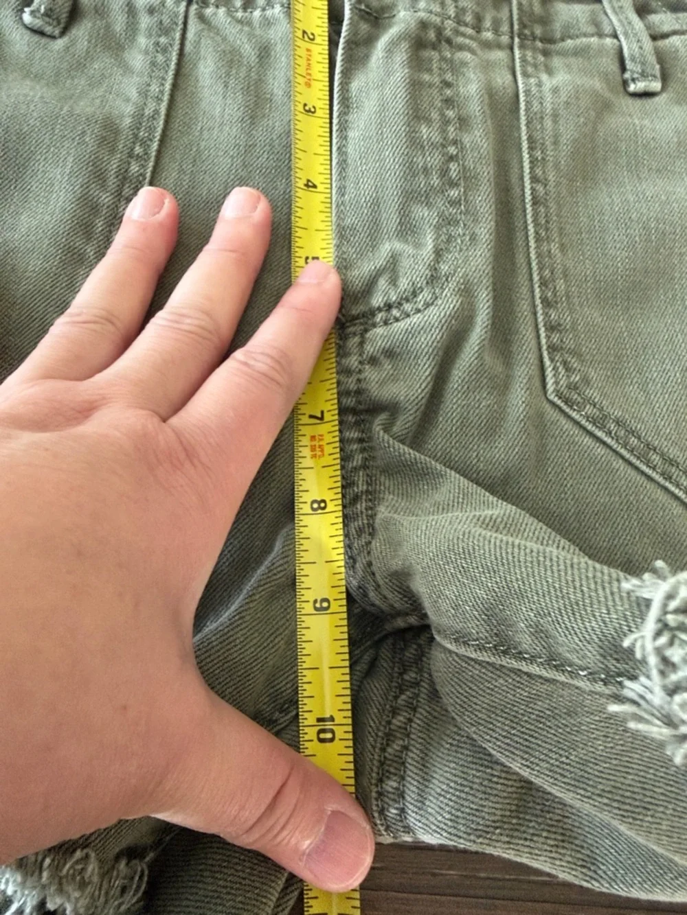 PAIGE Olive Green Frayed-Hem Denim Shorts - Picture 8 of 8